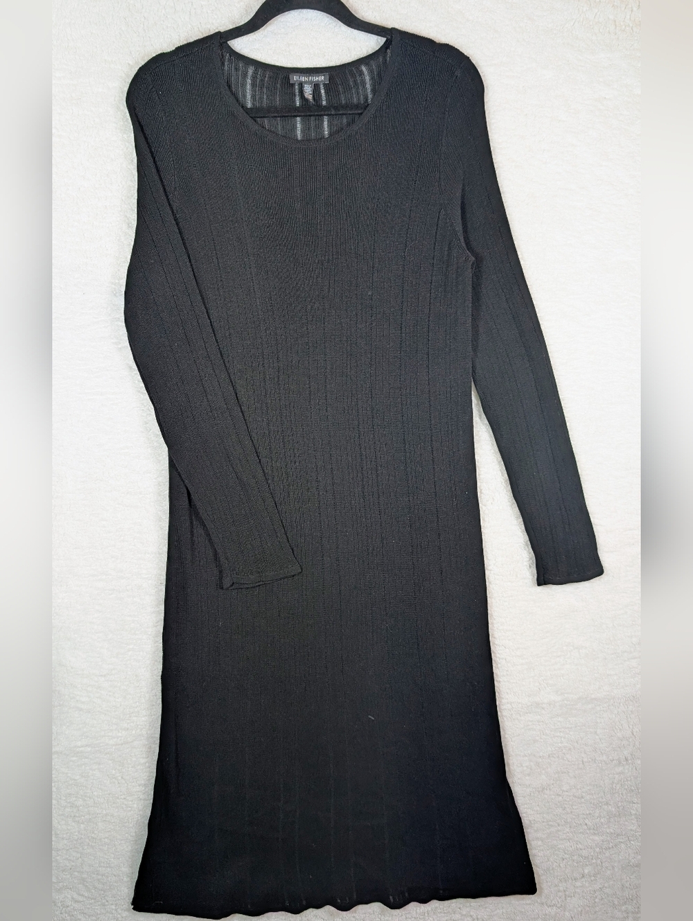 353-Eileen Fisher Black Long-Sleeve Ribbed Knit Dress‎